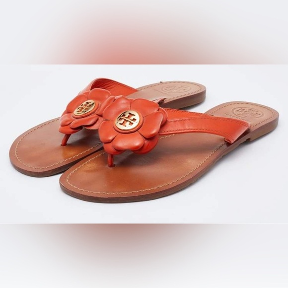 Tory Burch Shoes - Tory Burch Orange Leather Breely Flower Thong Flats Size 7
